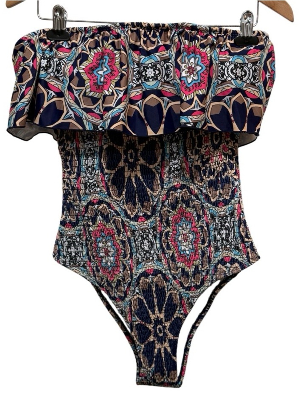 Strapless Bandeau One-Piece Shirred Paisley Swimsuit Multi Print Large